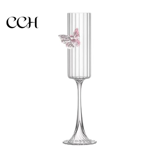 Butterfly Wine Glass Champagne Flutes with 3D Pink Decoration Wedding Glasses Faux Crystal Party Anniversary
