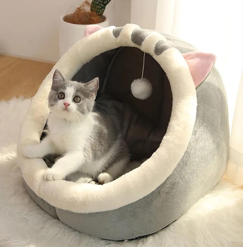 Classic Pet Tent Cave Bed for Cats Small Dogs Self-Warming Cat Tent Bed Cat Hut Comfortable Pet Sleeping Bed Foldable Removable Washable