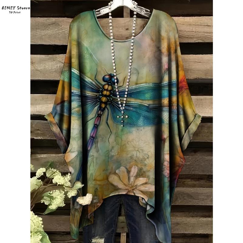 2025 Elegant Bohemian Women's T-shirt Flower Butterfly Bottom Round Neck Multi functional Summer Machine Washable