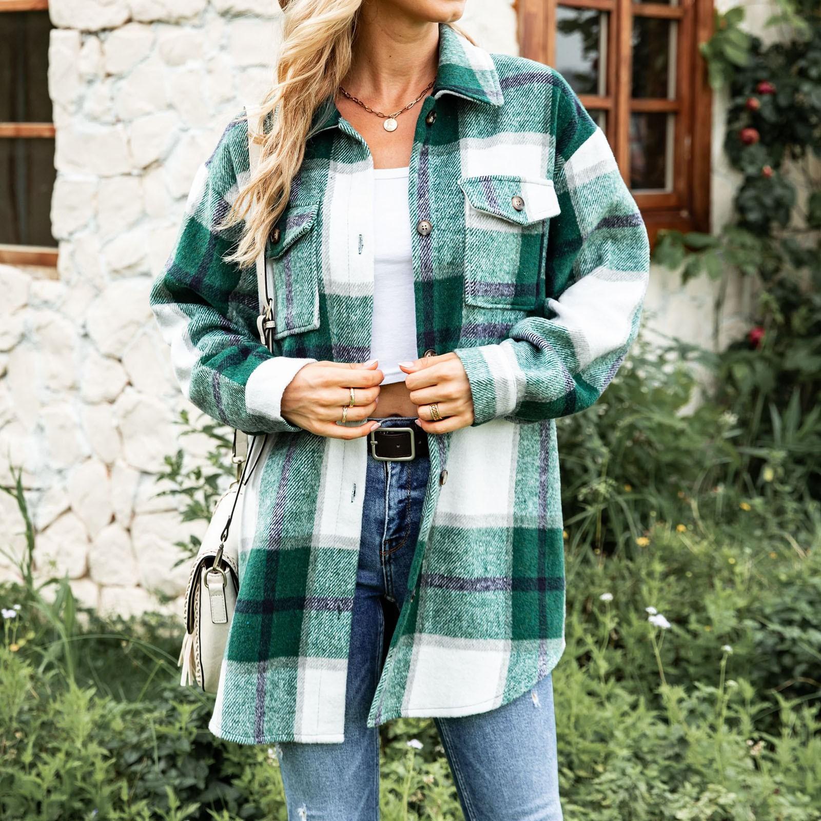 

Women s Tweed Plaid Shirt Long Sleeve Single Breasted Lapel Casual Jacket L зелений