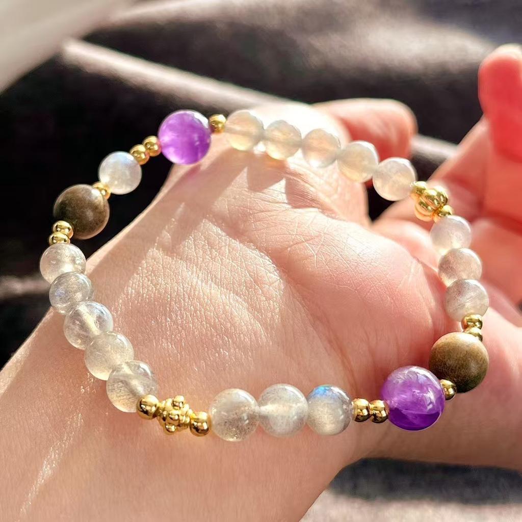 Retro High Quality Natural Gray Moonstone Amethyst Design Bracelet Bracelet.