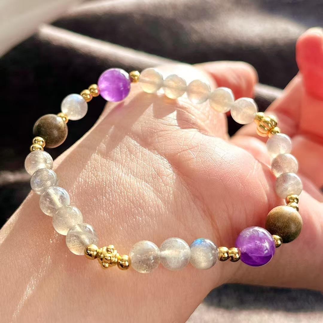 Retro High Quality Natural Gray Moonstone Amethyst Design Bracelet Bracelet.