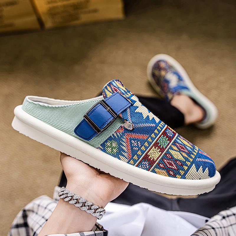 Large Size 46 47 Tribal Mules Man Backless Loafers Slipper Half Shoes For Men Slides Mens Slip On Flats Semi-Drag Casual Shoes