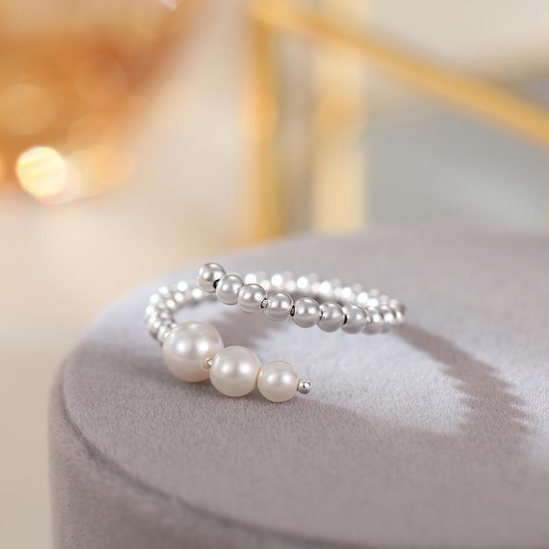 Banyan Tree Adjustable Women's Silver Pearl Ring - S925 Silver Round Bead Design