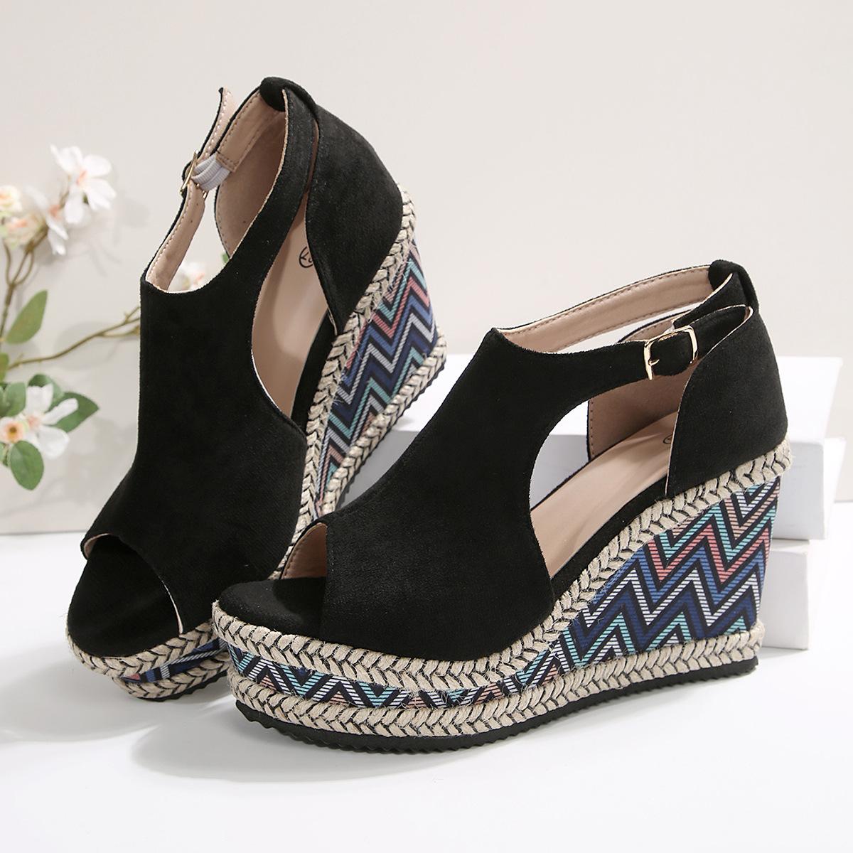 

Внешнеторговая обувь больших размеров для женщин 2025 новинка на танкетке с платформой, модные новые сандалии на танкетке, женская обувь на высоком каблуке 42 чёрный