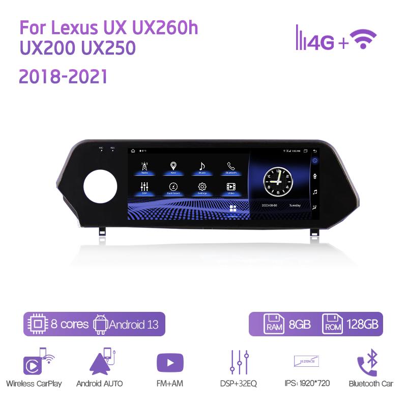 10.25Inch Car Multimedia Player For Lexus UX UX260h UX200 UX250 2018-2025 GPS Navigation Android13 8+128G CarPlay 4G 360Camera