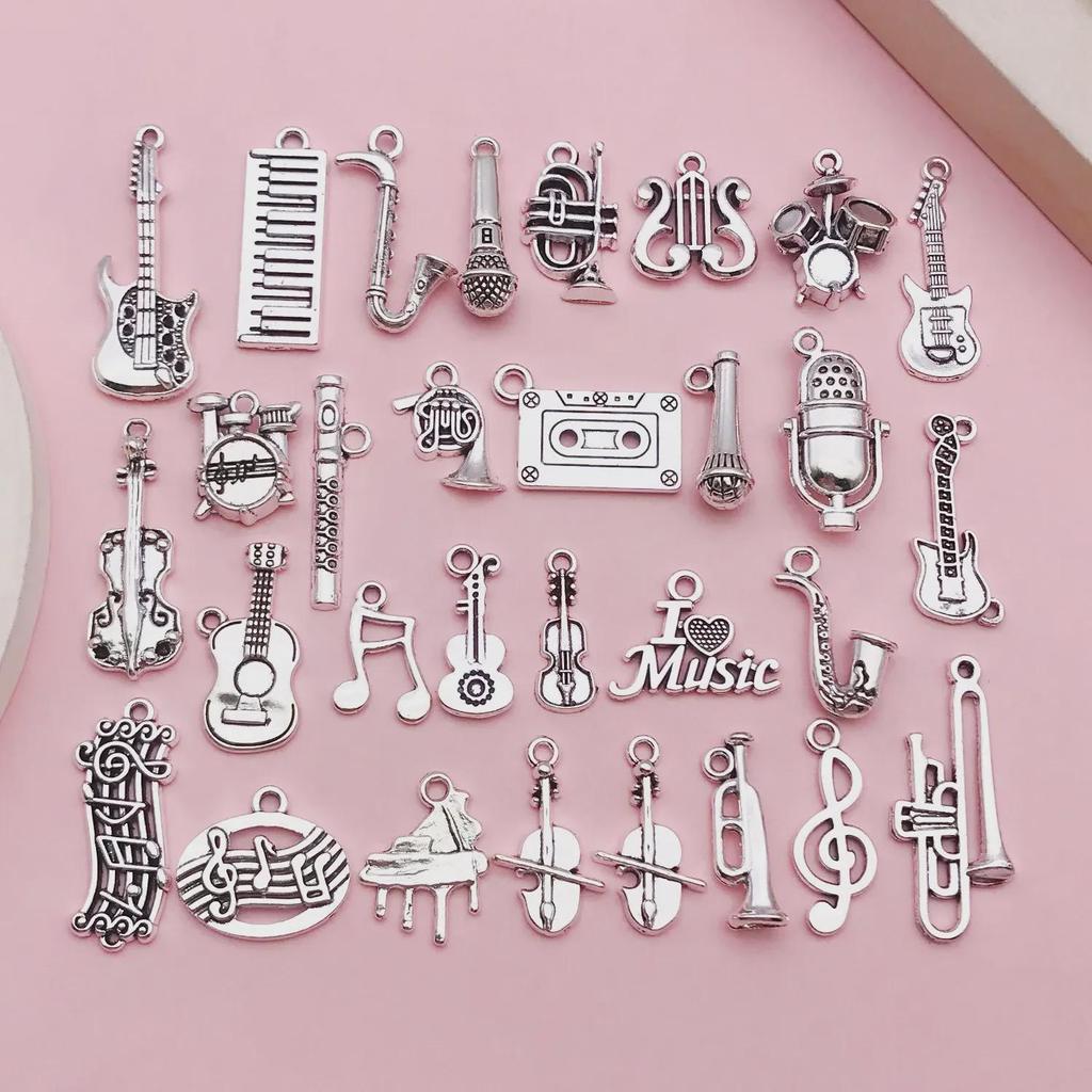 Mixed 30-Piece Musical Instrument Alloy Pendant Set with Guitar, Notes, and Mini Music Jewelry Accessories
