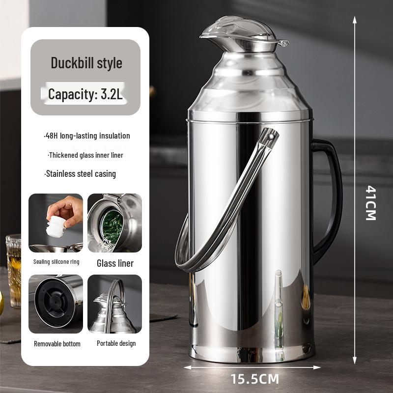 Large Capacity Stainless Steel Insulated Hot Water Bottle with Glass Liner - Old-fashioned Tea Pot for Home, Dorm, or Commercial Use