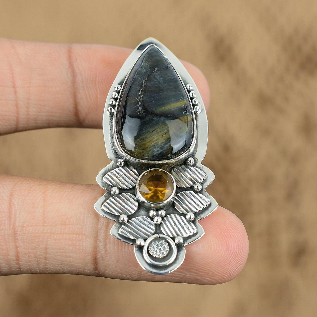 925 Silver Pear Pietersite Gemstone Citrine Mother Ethnic Trendy Wedding Pendant