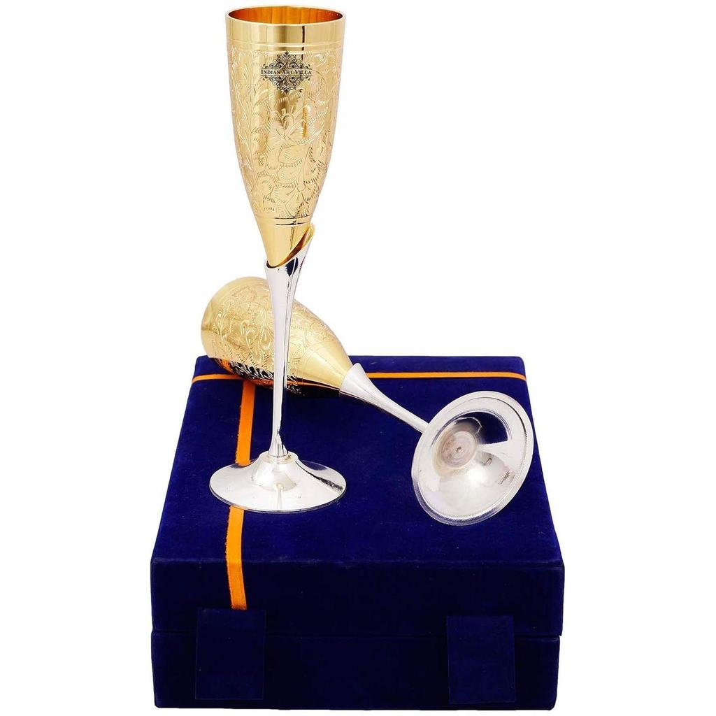Set of 2 Silver Plated Gold Polish & Brass Champange Wine Glass with Blue Box, Best for Parties, Capacity - 200 ML