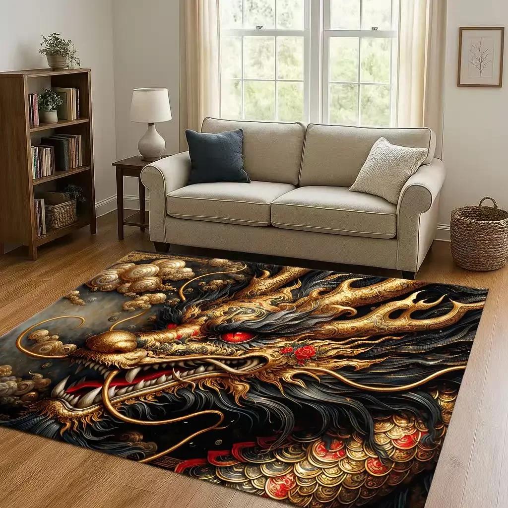 Cartoon Yin Yang Element Dragon Chinese Loong Living Room Non-Slip Area Rug Carpet for Bedroom Playroom Sofa,Home Decor Doormat