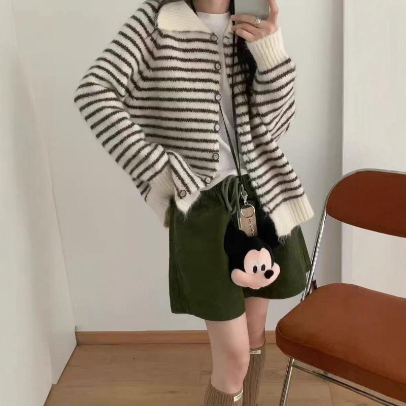 

Вязаный кардиган в стиле ретро с контрастными полосками, женский осенне-зимний, новый, ленивый, однобортный, топ-жакет one size fits all чёрный