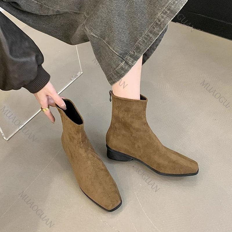 Fashion Women's Ankle Boots Elegant Solid Suede Back Zip Female Shoes Thick Low Heel Bottines Femmes Autumn Casual Short Botines Shoes