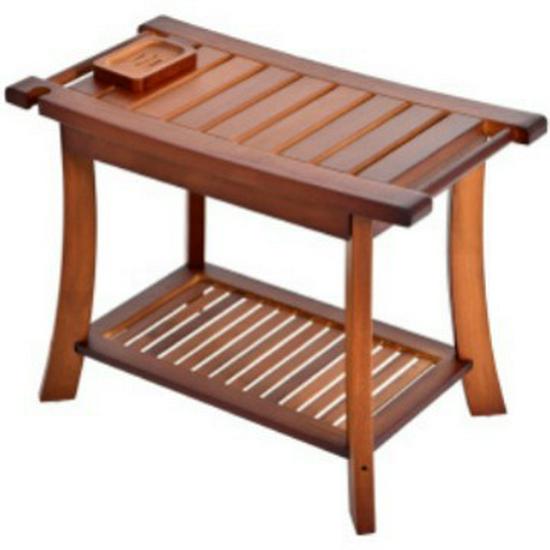 Two-Tier Waterproof Teak Bathroom Stool - Non-Slip Wooden Bench for Shower & Shoe Changing