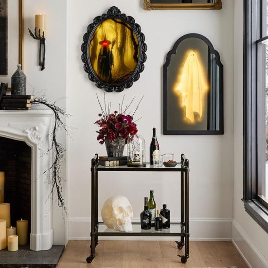 Halloween Novelty Ghost Mirror Light-up Hologram Ghost Mirror with LED Light for Haunted House Indoor Bedroom Kitchen Fireplace Decor