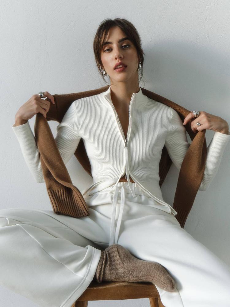 

Осень-зима молния вязаный кардиган женский винтажный длинный рукав стоячий воротник свитер уличный короткий свитер для женской куртки M белый