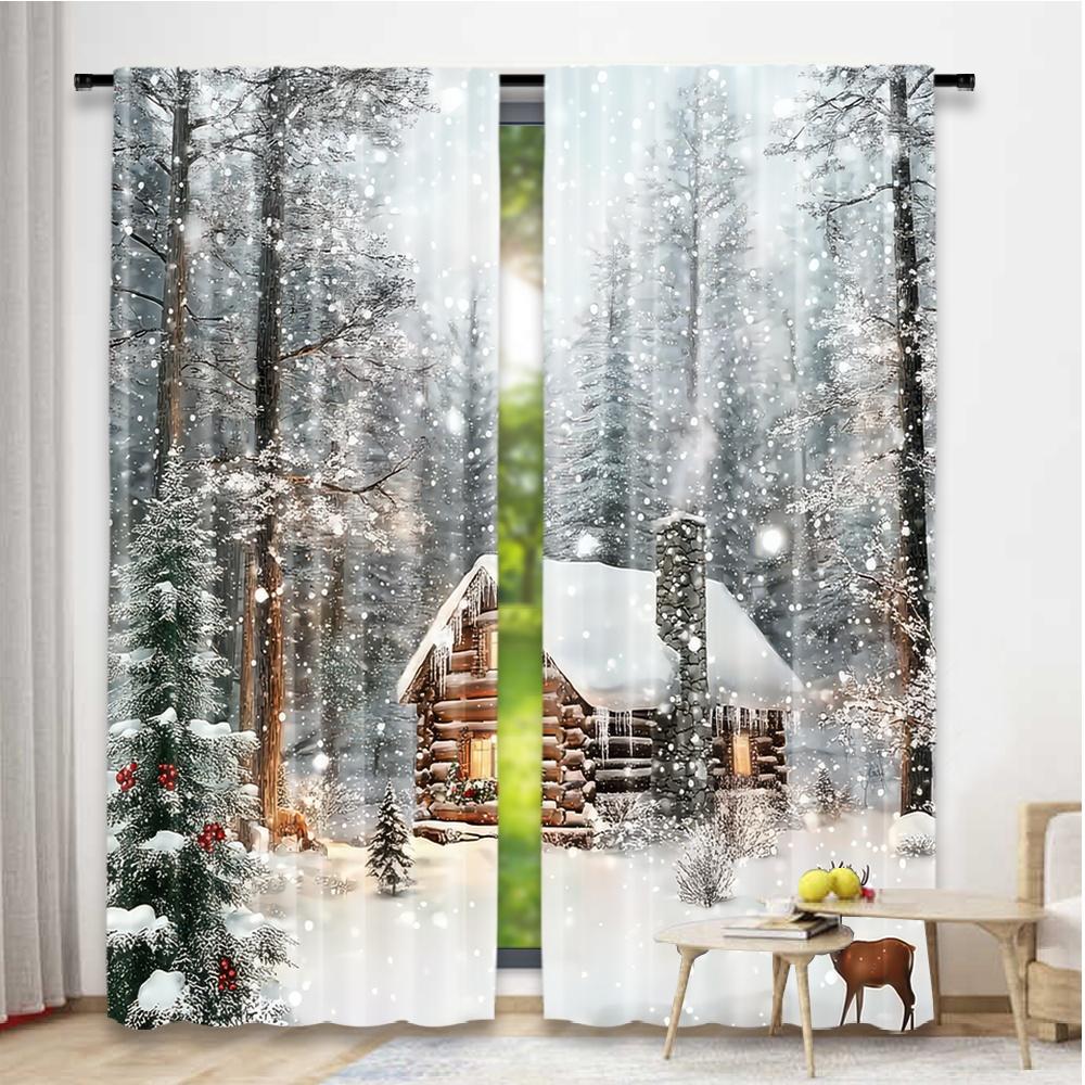 Set Of 2 Flat Printing Christmas Hot Curtains Wintercabin Digital Printed Polyester Drapes Festive Perfect Curtain