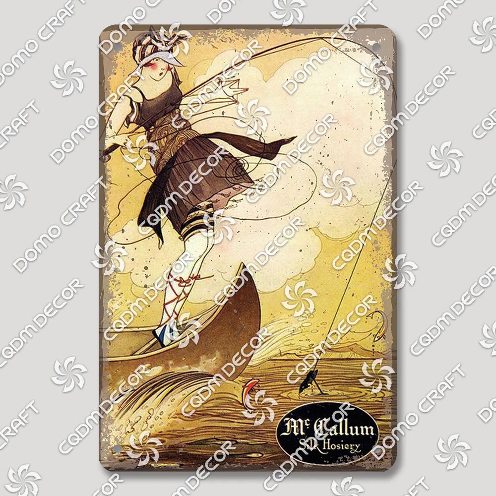 Vintage Znak Metalowy Blaszany Dziewczyny Wędkujące Retro Kobieta z Psami Dekoracja Ścienna dla Klubu Wędkarskiego Dom Wiejski