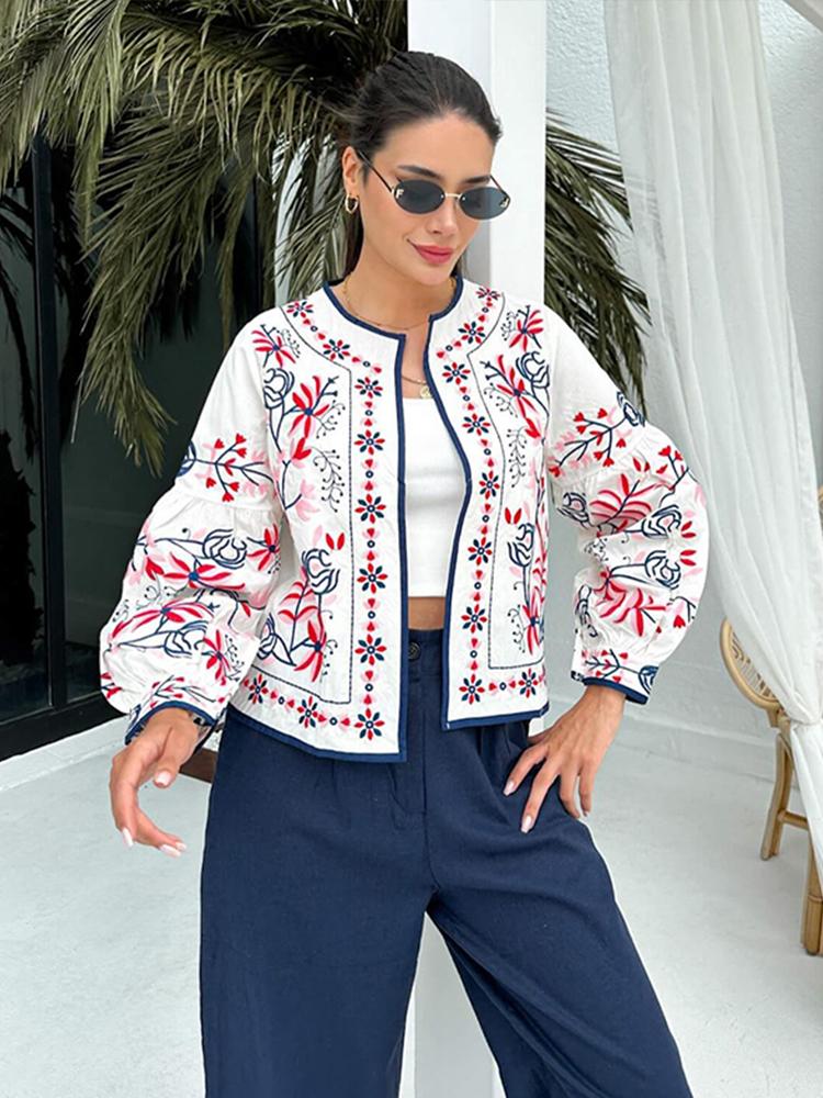 Drucken Frauen Jacke O-Ausschnitt lange Laterne Ärmel dünne kurze Mantel weibliche Frühen Herbst Dame Outwear