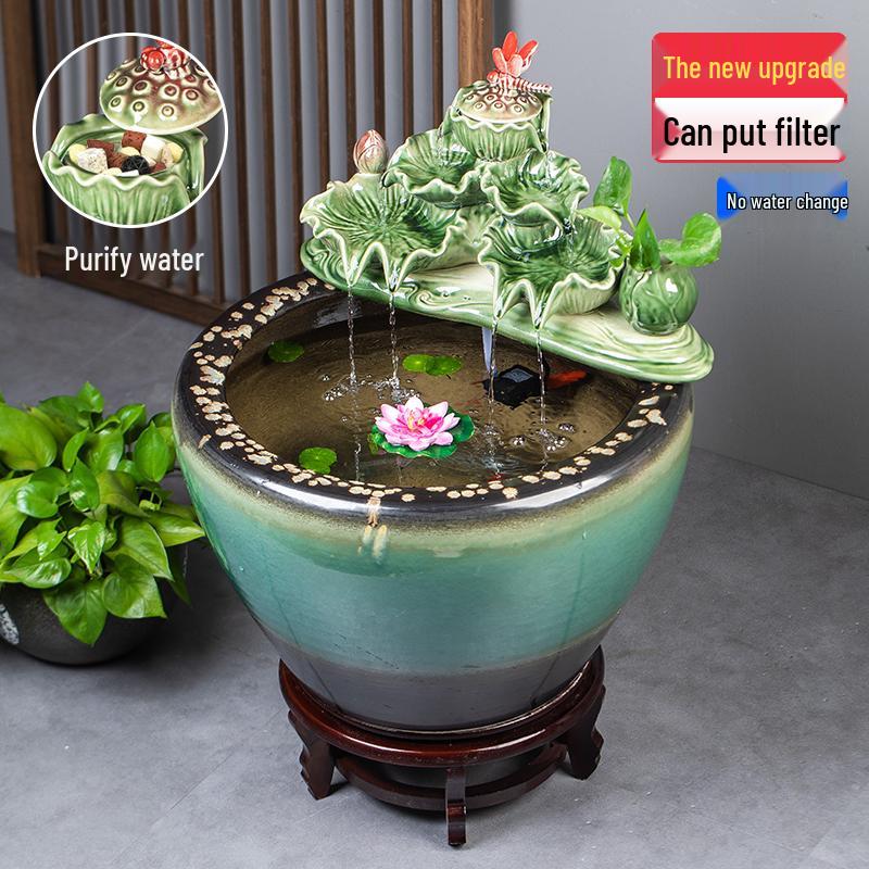 Jingdezhen Goldfish Tank: Floor-Standing Ceramic Water Feature for Balcony, Office, or Living Room.