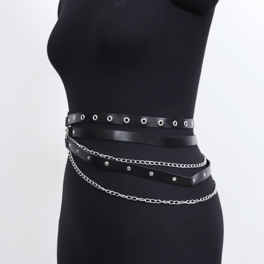 Women Party Belt Hip Hop Gothic Chain Rivet Multi Straps Decorative Faux Leather Punk Pants Matching Waist Strap Clothes Accesso