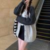 Lazy wind gray long-sleeved cardigan sweater women's autumn new splicing contrasting color knitted sweater top coat
