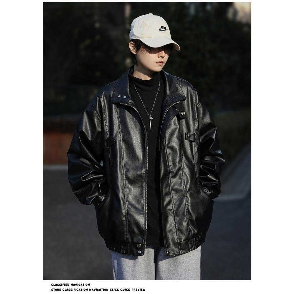 Spring and Autumn American Retro Pilot PU Leather Jacket Men and Women Ruffian Handsome Trend Loose Stand-up Collar Leather Jacket Top