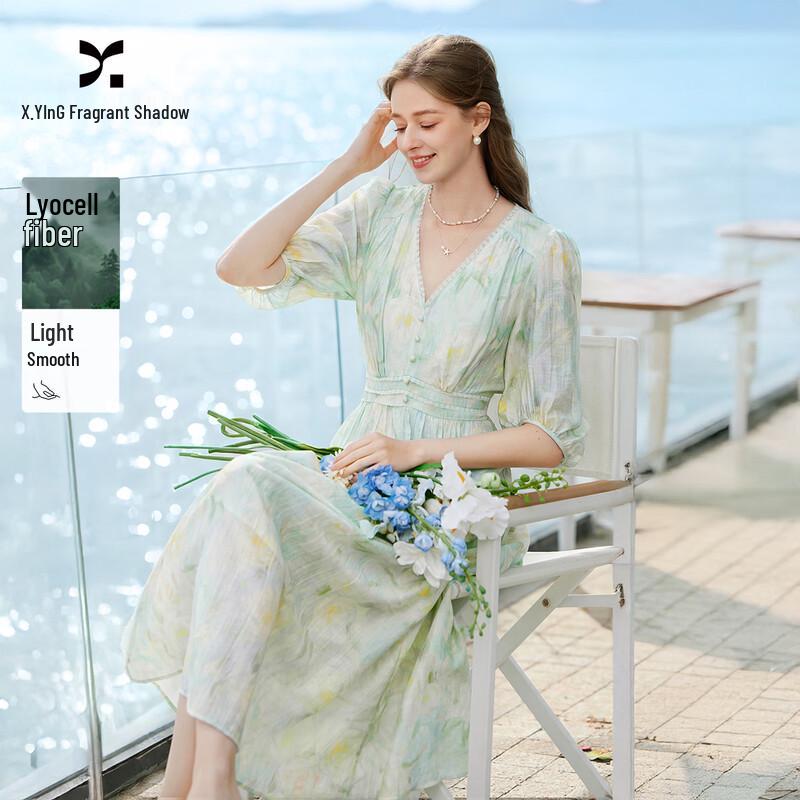 Women s V-Neck Ombre Print Tencel A-line Dress S