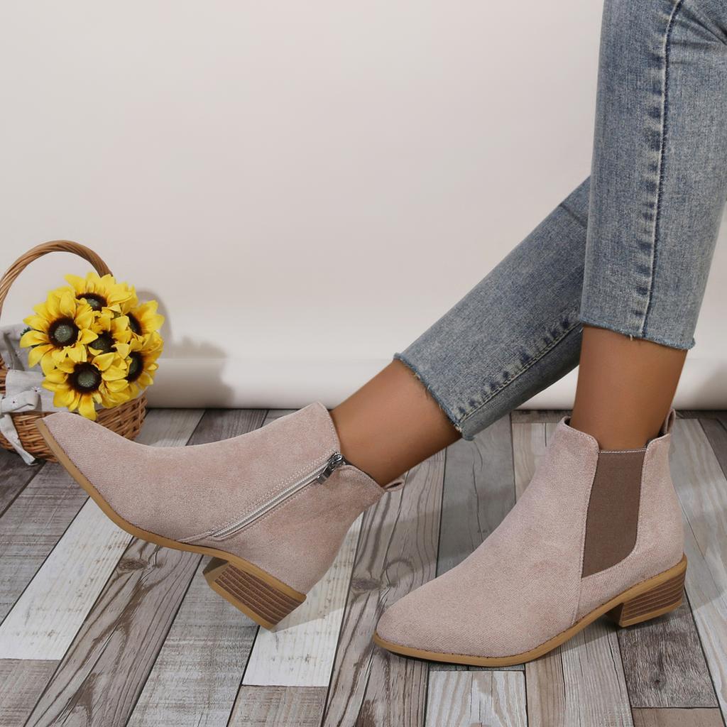 Fashion Women's Natural Suede Elastic Low Heel Shoes Autumn and Winter Ankle Boots Square Toe Casual Short Boots Size 36-43