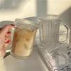 Stripe Glass Cup with Lid 330ml/380ml Coffee Mug Milk Latte Mocha Cups Luxury Whiskey Glass Transparent Breakfast Mug Juice Cup