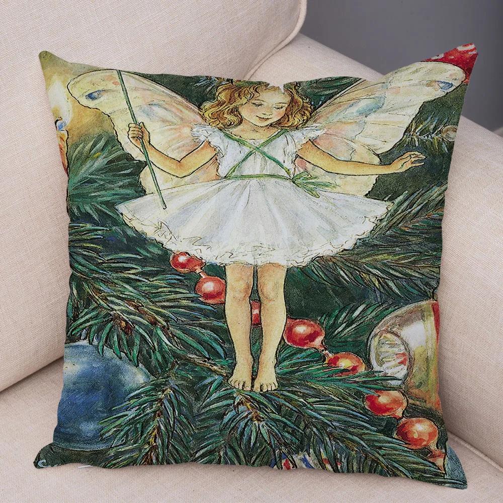 Vintage Cartoon Elfen Kissenbezug Dekor Bunte Märchenwelt Kissenbezug Plüsch Blumenmädchen Kissenbezug für Sofa Zuhause