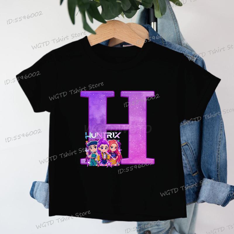 Clothes Child Girl KPop Demon Hunters Letters T-shirt for Children Cartoon Girls Boys Cotton Tee A-Z 26 Alphabet Kids Clothes