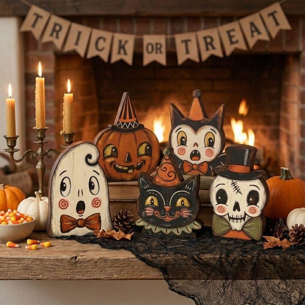 Farmhouse Style Halloween Wooden Tabletop Sign Vintage Bat Black Cat Figurines Holiday Party