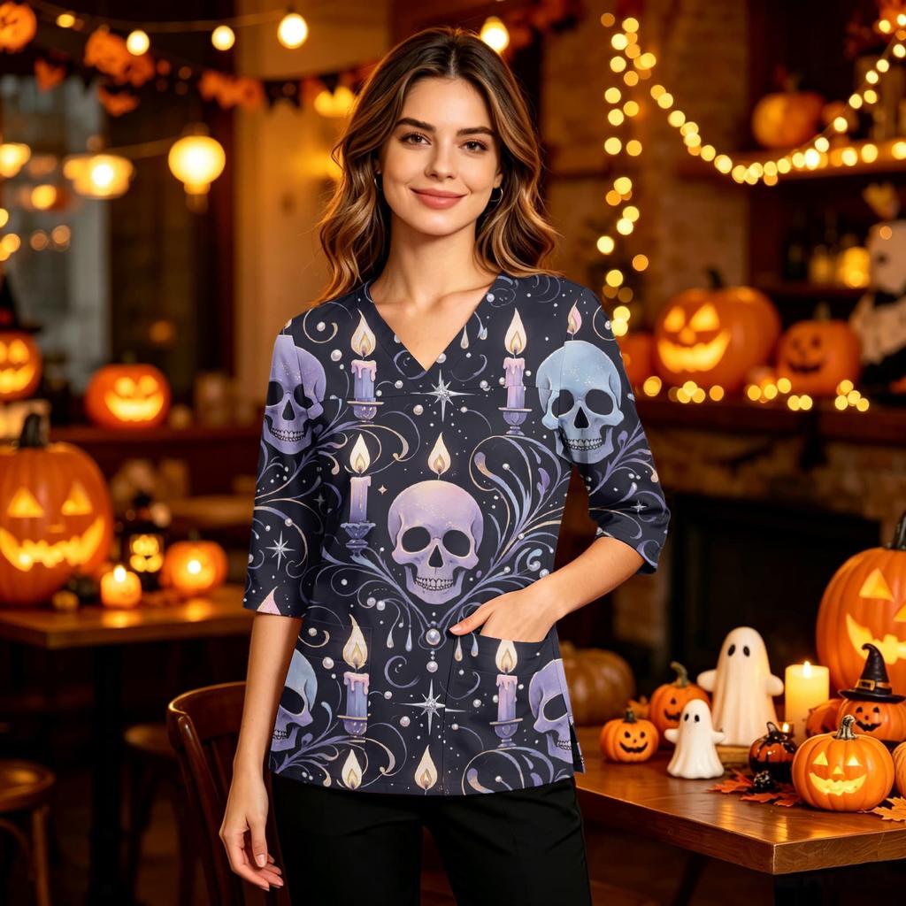 Women's Casual Uniform Top with Halloween Print, V-Neck, Pockets, Side Slit and Three-Quarter Sleeves