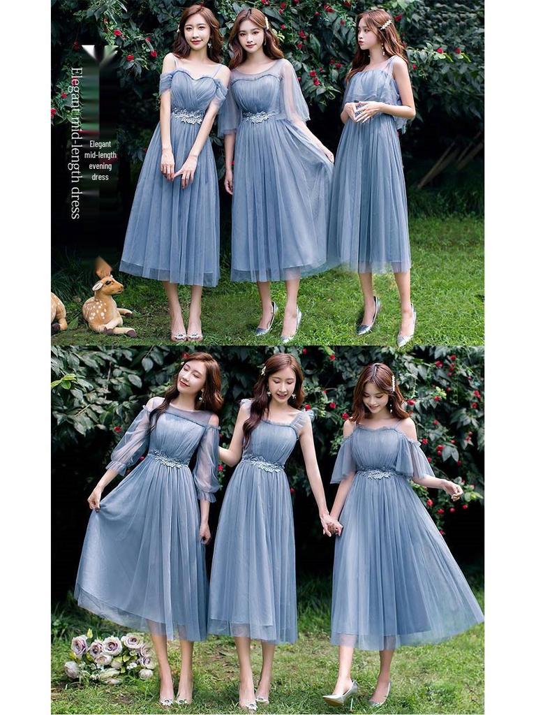 2025 New Off-the-Shoulder Bridesmaid Dress: Mid-Length, Slimming, with Fairy Charm for Special Occasions.