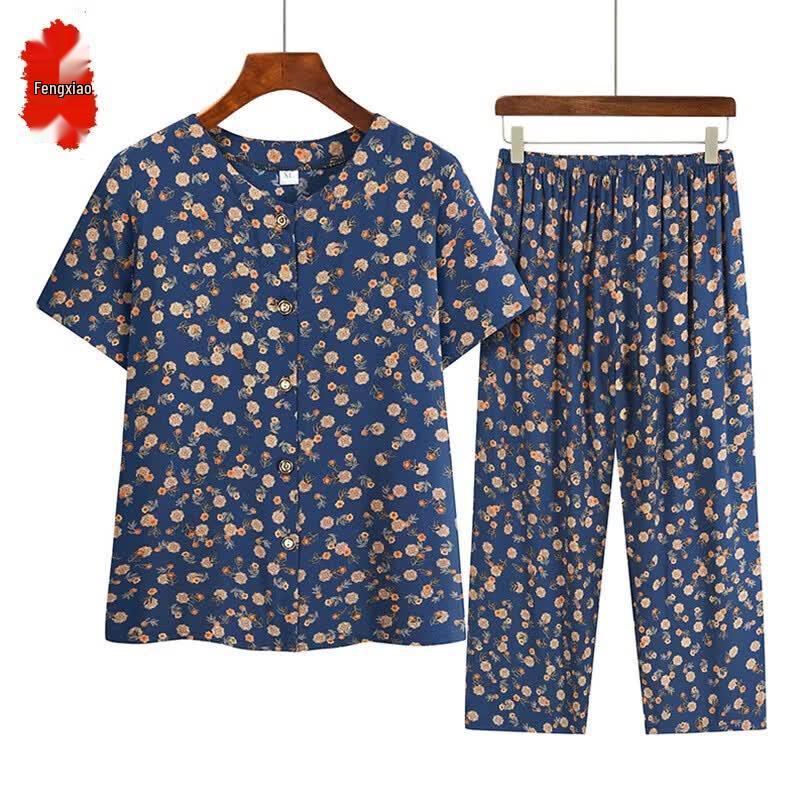 Elderly Women s Floral Print Cotton Rayon Summer Two-Piece Set