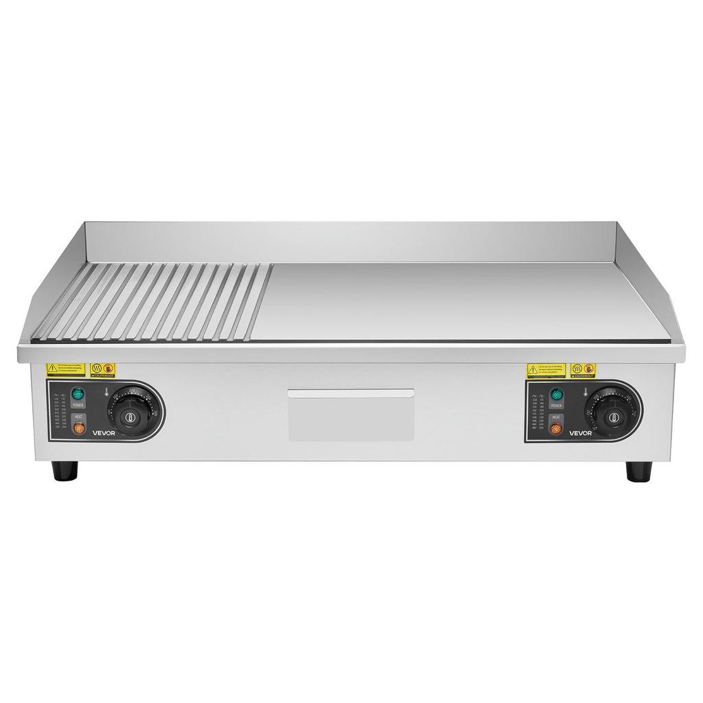 Commercial Electric Griddle, 725 X 400 Mm, 4400W, 50-300°C Adjustable Temp Control, Stainless Steel Countertop, Half Grooved Half Flat, with 2