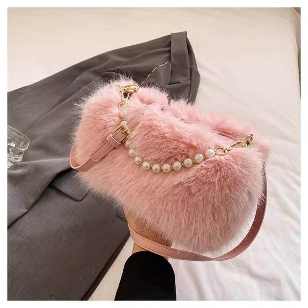 Fashi Faux Fur Shoulder Bag Soft Fluffy Plush Handbag Zipper Solid Color Crossbody Bag