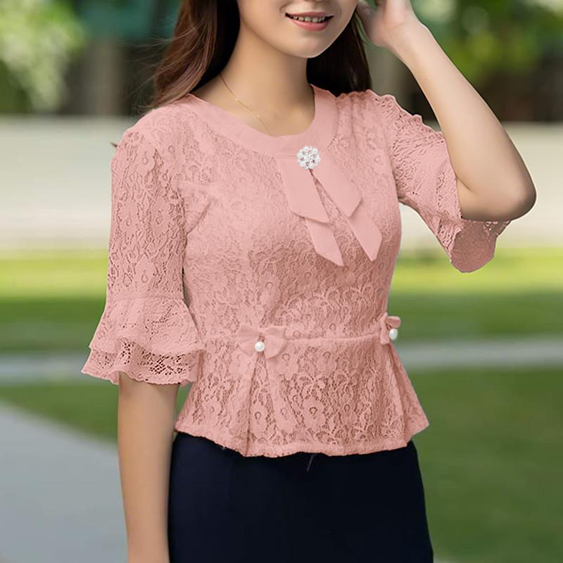 ZANZEA Women Summer Round Neck Half Sleeve Lace Patchwork Blouse
