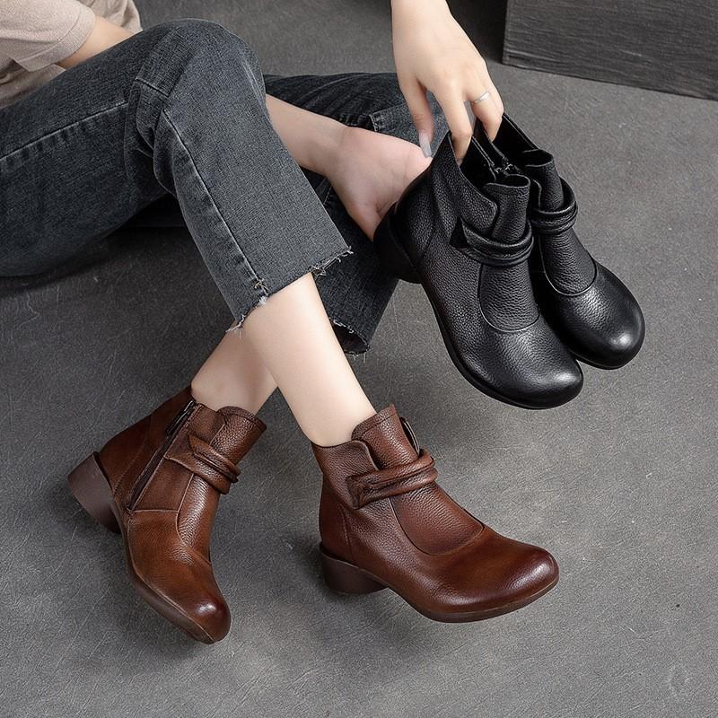Johnature Cizme scurte retro de culoare solidă din piele naturală cu vârf rotund cu fermoar lateral cu toc mic pantofi casual damă