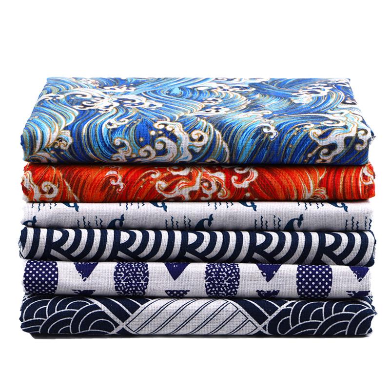 Japanese Ethnic Geometric Wave Print Cotton Linen Fabric for Sofa Cushions & Tablecloths