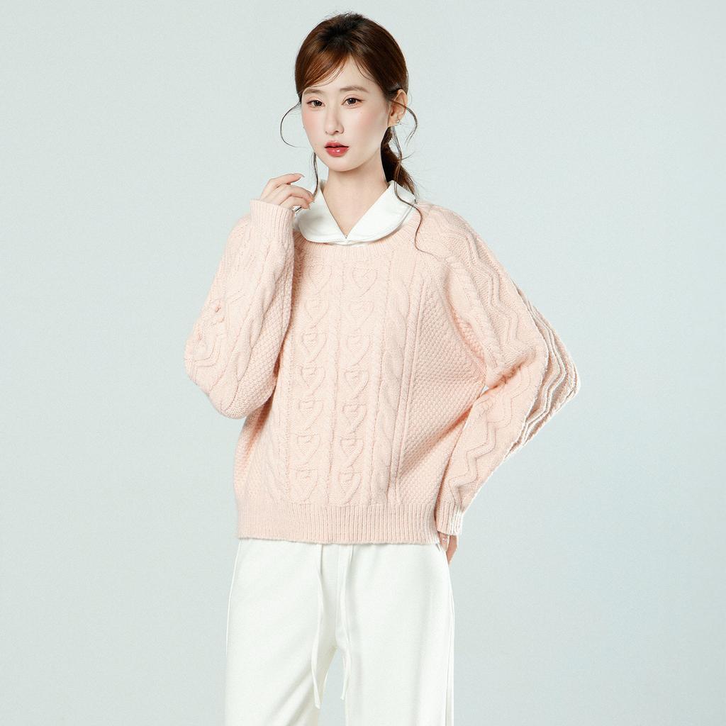 Korean Gentle Wind Pink Twist Crew Neck Thick Sweater Women's Winter Loose Inner Bottom Knitted Top
