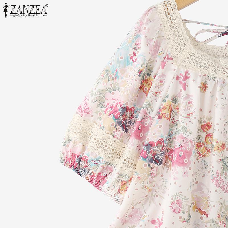 ZANZEA Women Lace Splice Square Collar Summer Short Sleeve Floral Blouse