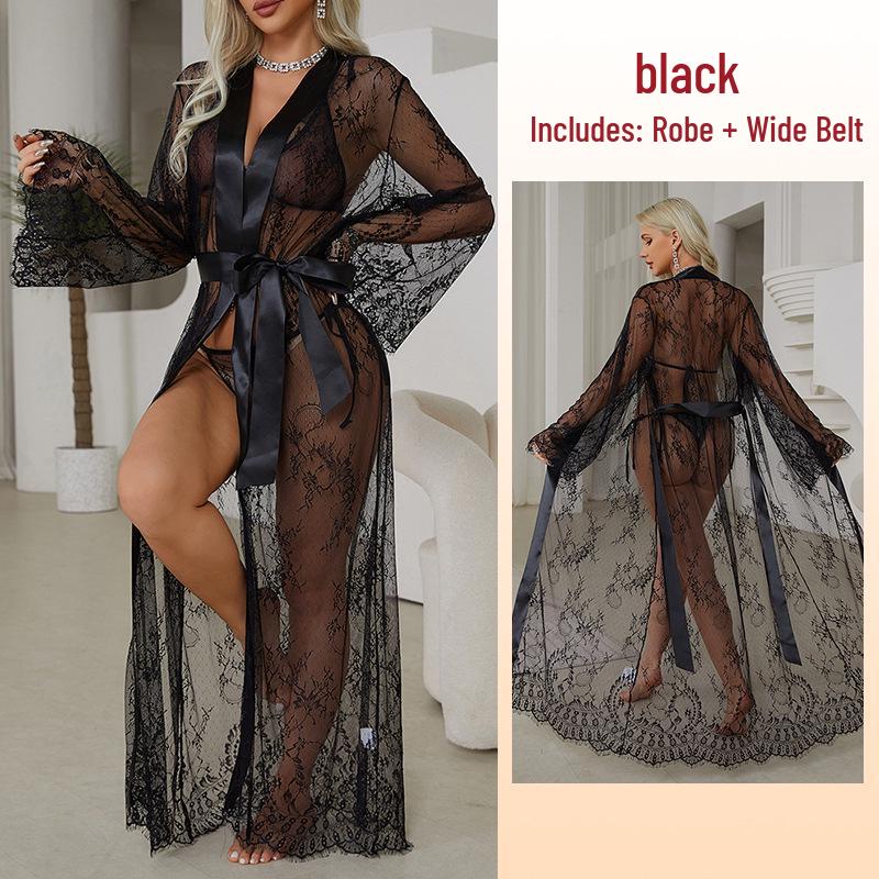 

Feiyun Сексуальная ночная сорочка с кружевной отделкой, прозрачная, пижама, женская верхняя одежда, домашняя одежда Large чёрный