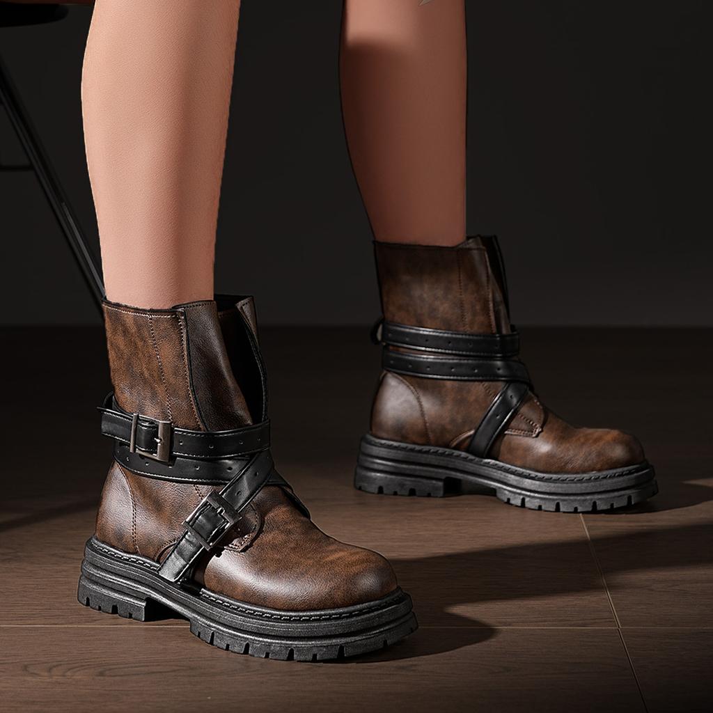 Girls Belt Buckle Design Motorcycle Boots Spring And Autumn New British Style Thick Heel Lightweight Midsole Boots Women 23