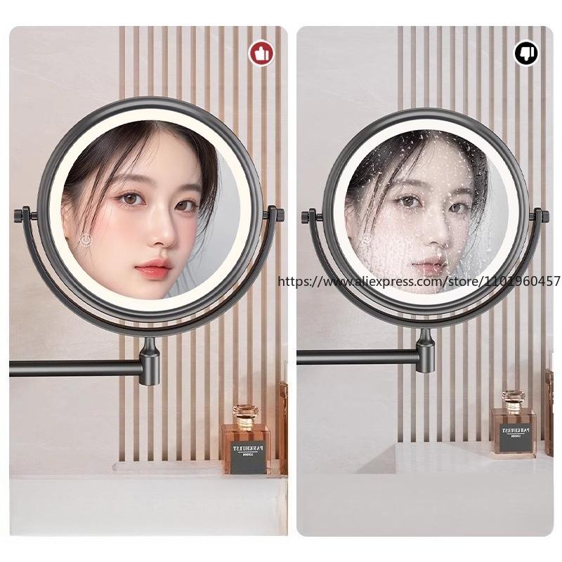 Łazienkowa przyssawka z lusterkiem do makijażu z podświetleniem, montowana na ścianie, wysuwana, składana, bez wiercenia, obrotowe powiększające lusterko kosmetyczne