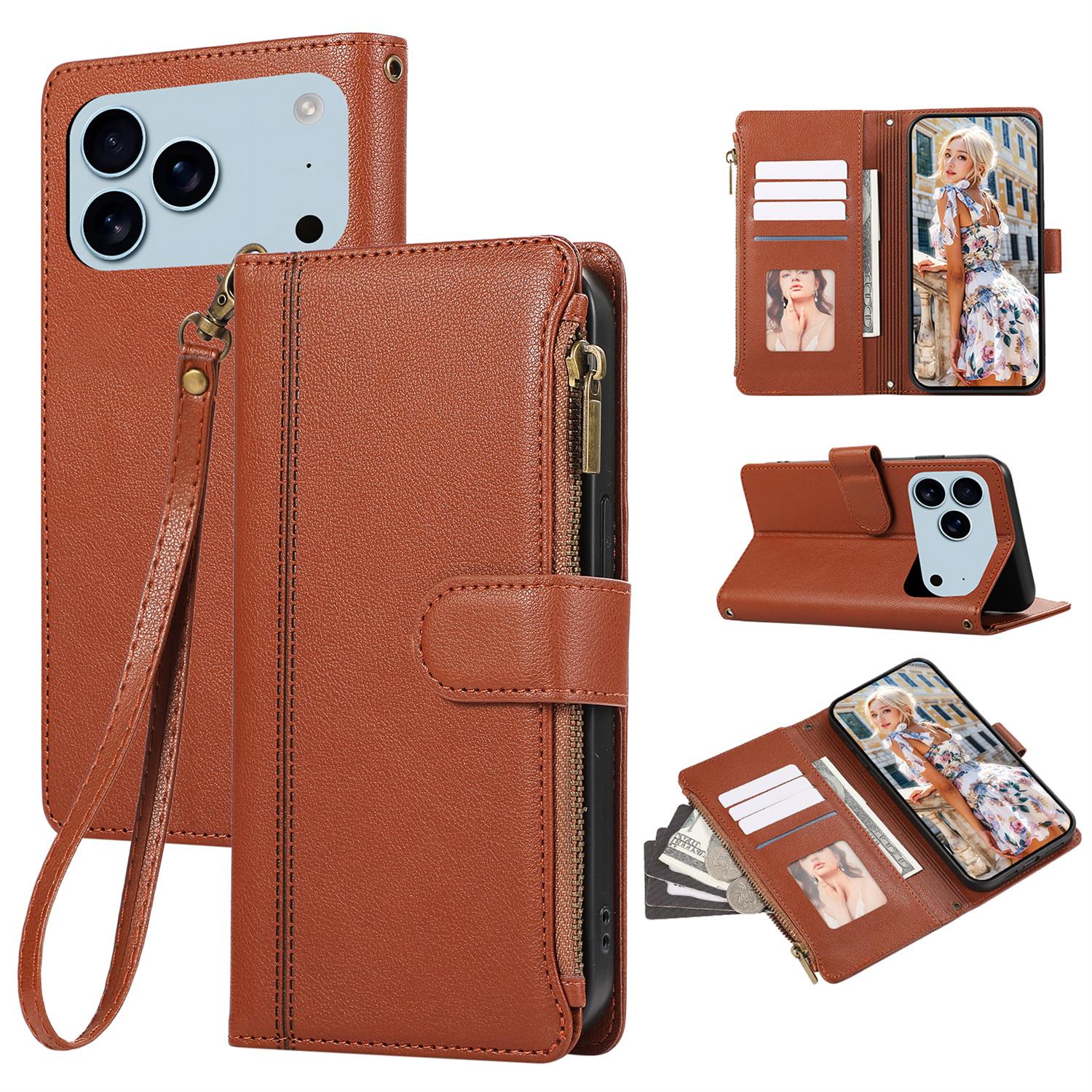 

For iPhone 17 Pro Max Case Multi Card Slots Zipper Leather Phone Cover with Wrist Strap Brown