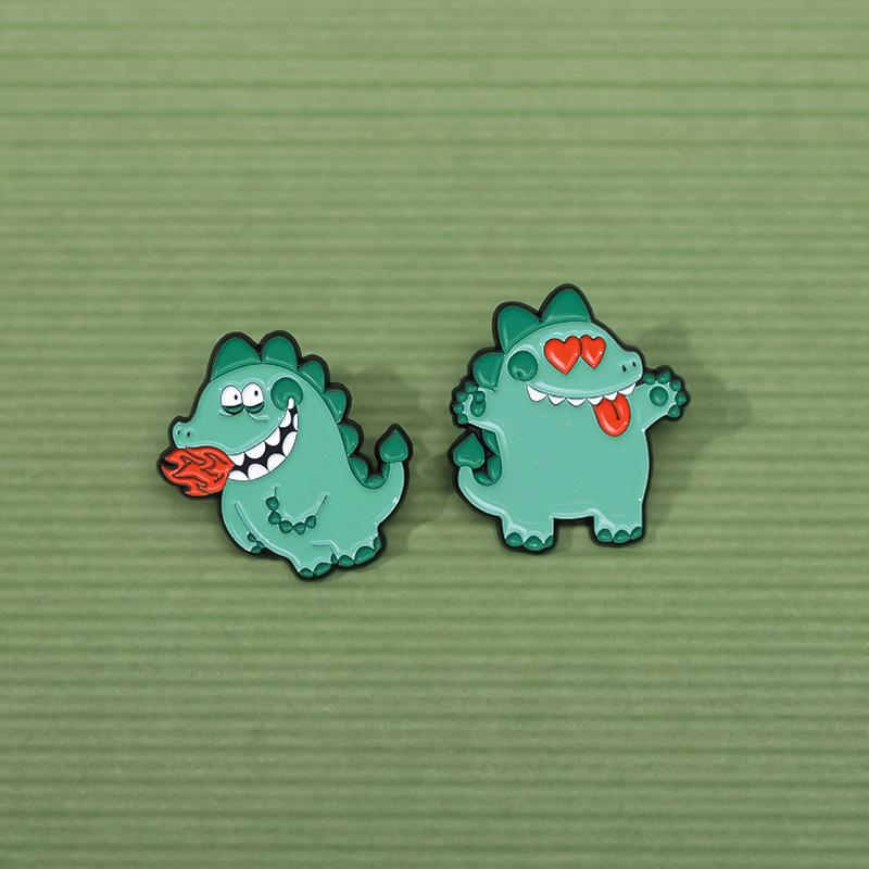 Playful Green Cartoon Dinosaur Inspired Brooch With Heart And Rose Design Couples For