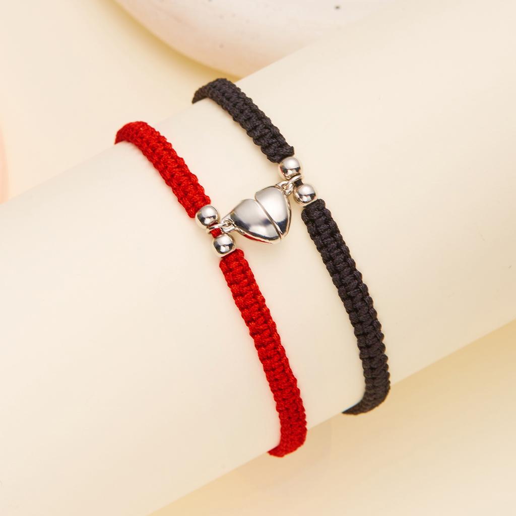 2 Pcs Lucky Red Braided Rope Bracelet for Women Men Romantic Heart Magnetic Matching Bracelets Lovers Valentine's Day Jewelry
