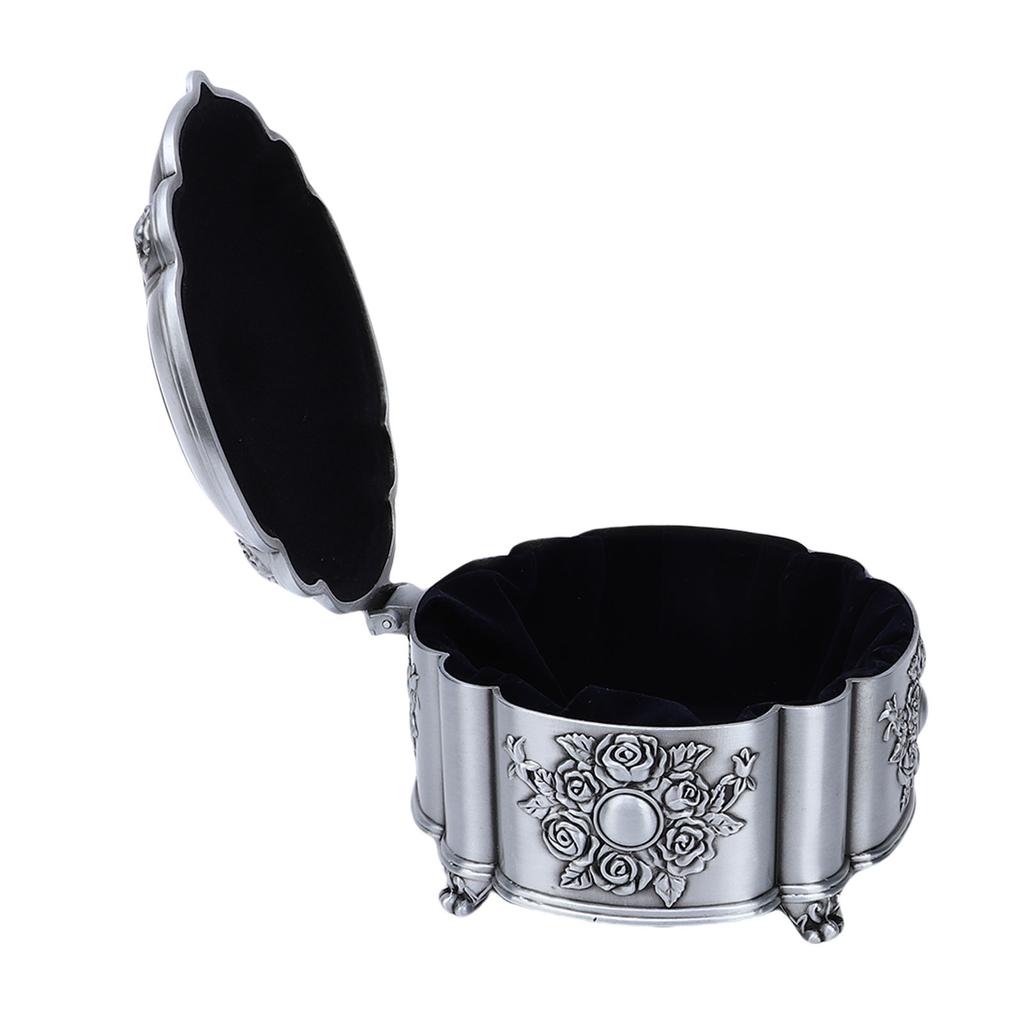 Vintage Jewelry Storage Box Zinc Alloy Antique Trinket Organizer Keepsake Box Emboss Rose Pattern Velvet Interior for